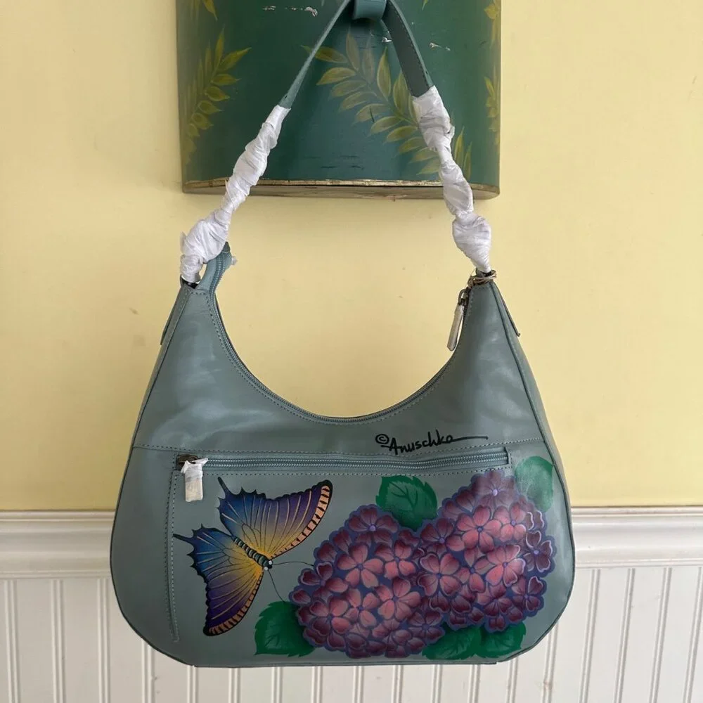 Hand-Painted Anuschka Leather Shoulder Bag With Butterfly & Hydrangea Design NWY